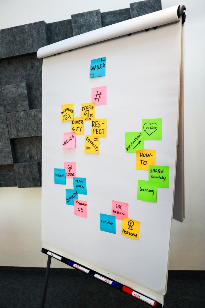 Bright sticky notes on a whiteboard for a creative office brainstorming session.